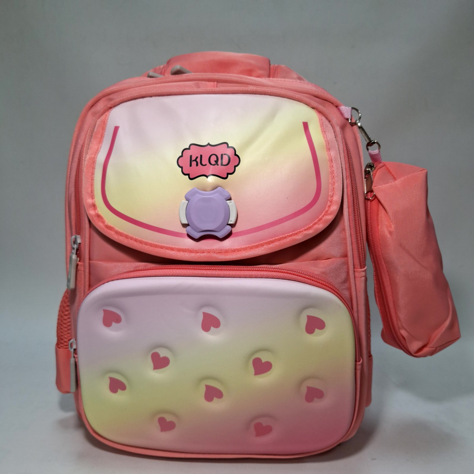 حقيبة ظهر مدرسية للبنات قلوب مجسمة مع مقلمة ملحقة - مشمشي باستيل متدرج (GIRLS-HEARTS-POUCH-OR) 🎒💖✨